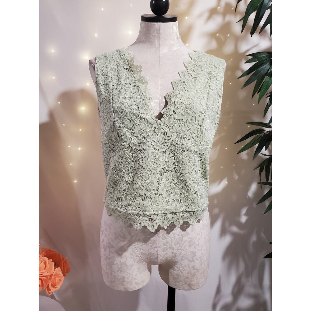 Reoria Womens Lace Babydoll V-Neck Top Size XXL Sage Green Fairy Coquette Floral